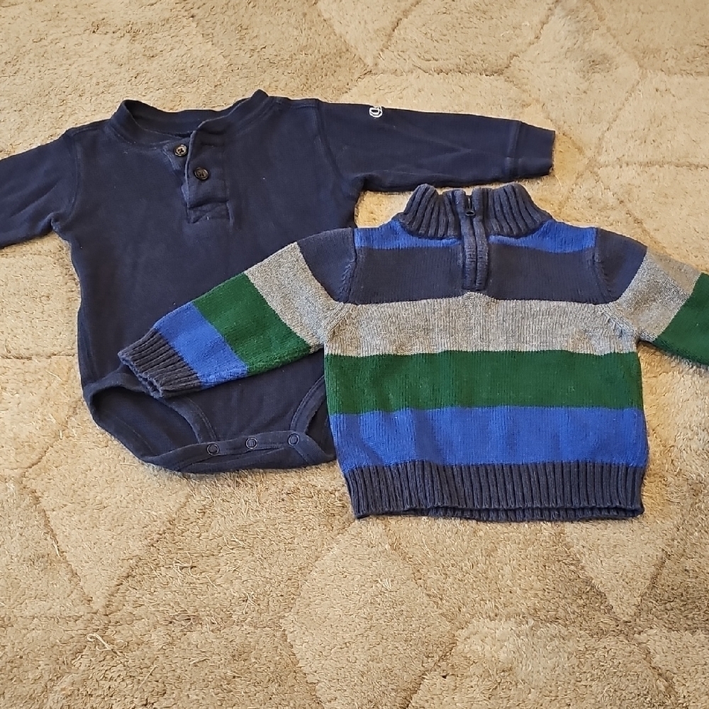 OshKosh B'gosh Navy Body Suit And Striped Sweater - Picture 1 of 1